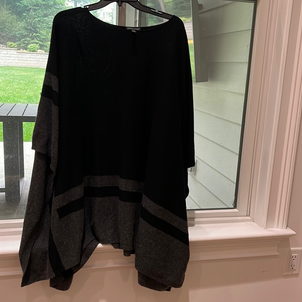 Eileen Fisher black and grey poncho made with Italian yarn